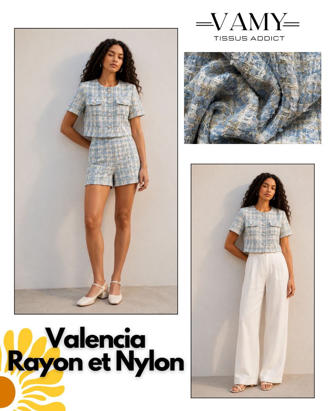 AGAPANTHE  - Tweed bleu ciel, beige et lurex doré