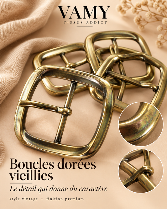 BOUCLE DE CEINTURE DORÉE VIEILLIE – SPÉCIALE TRENCH – 6,5 × 5,8 CM