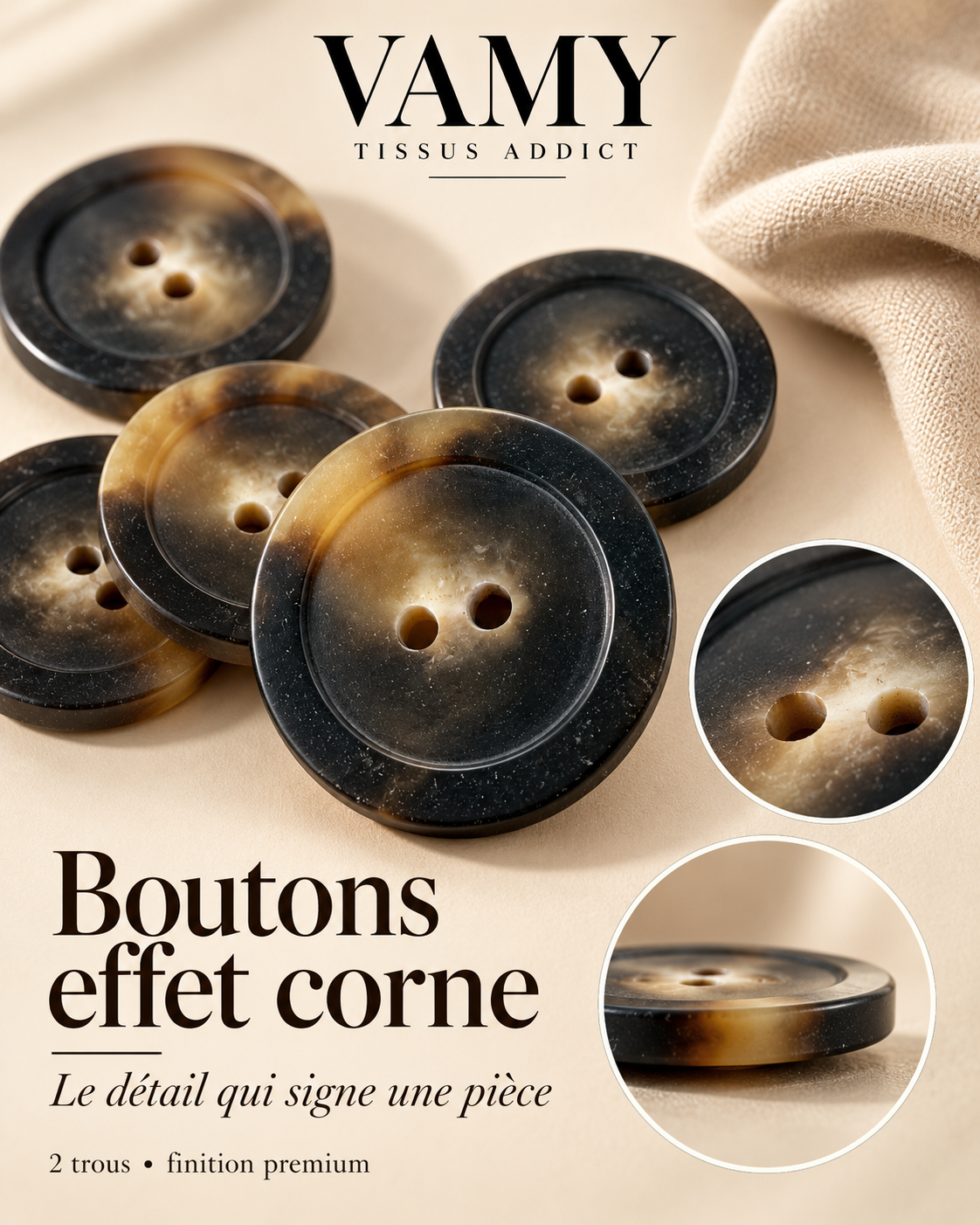 BOUTON EFFET CORNE – SPÉCIAL TRENCH – 2 TROUS – Ø 2,7 CM