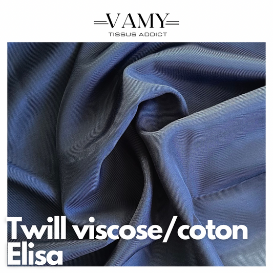 ELISA - Twill de Viscose/Coton bleu marine - tissu fluide double-face , Issu d'une maison de luxe française