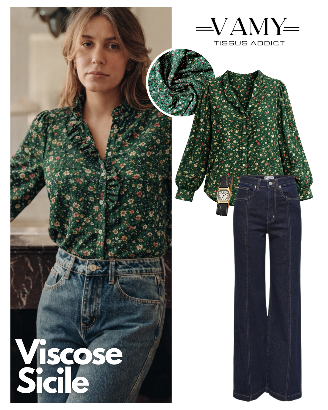 SICILE - Viscose fleurie avec fil de lurex - Vert