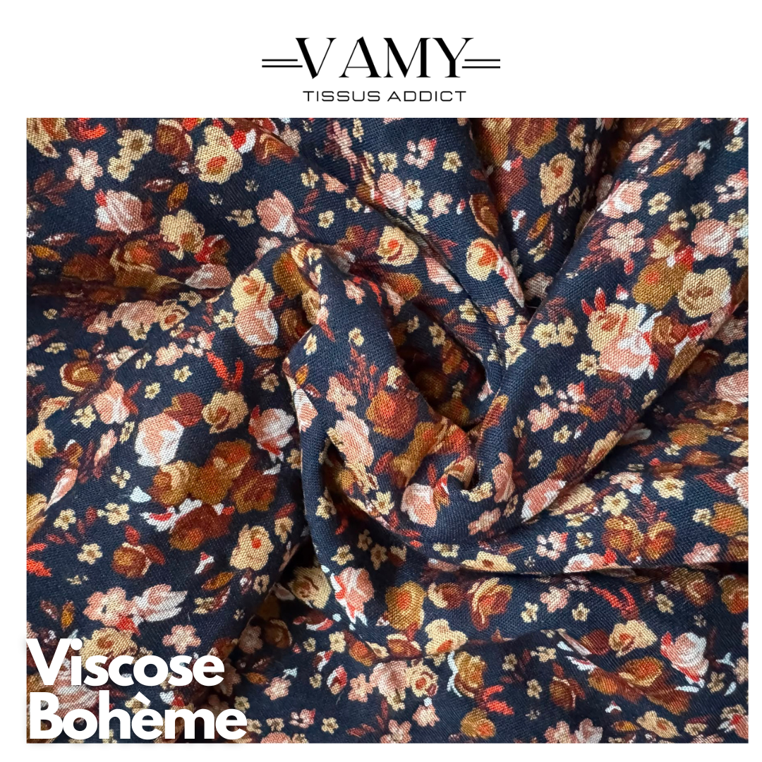 VISCOSE BOHEME - Fleurie fond bleu nuit - Issue prêt-à-porter premium
