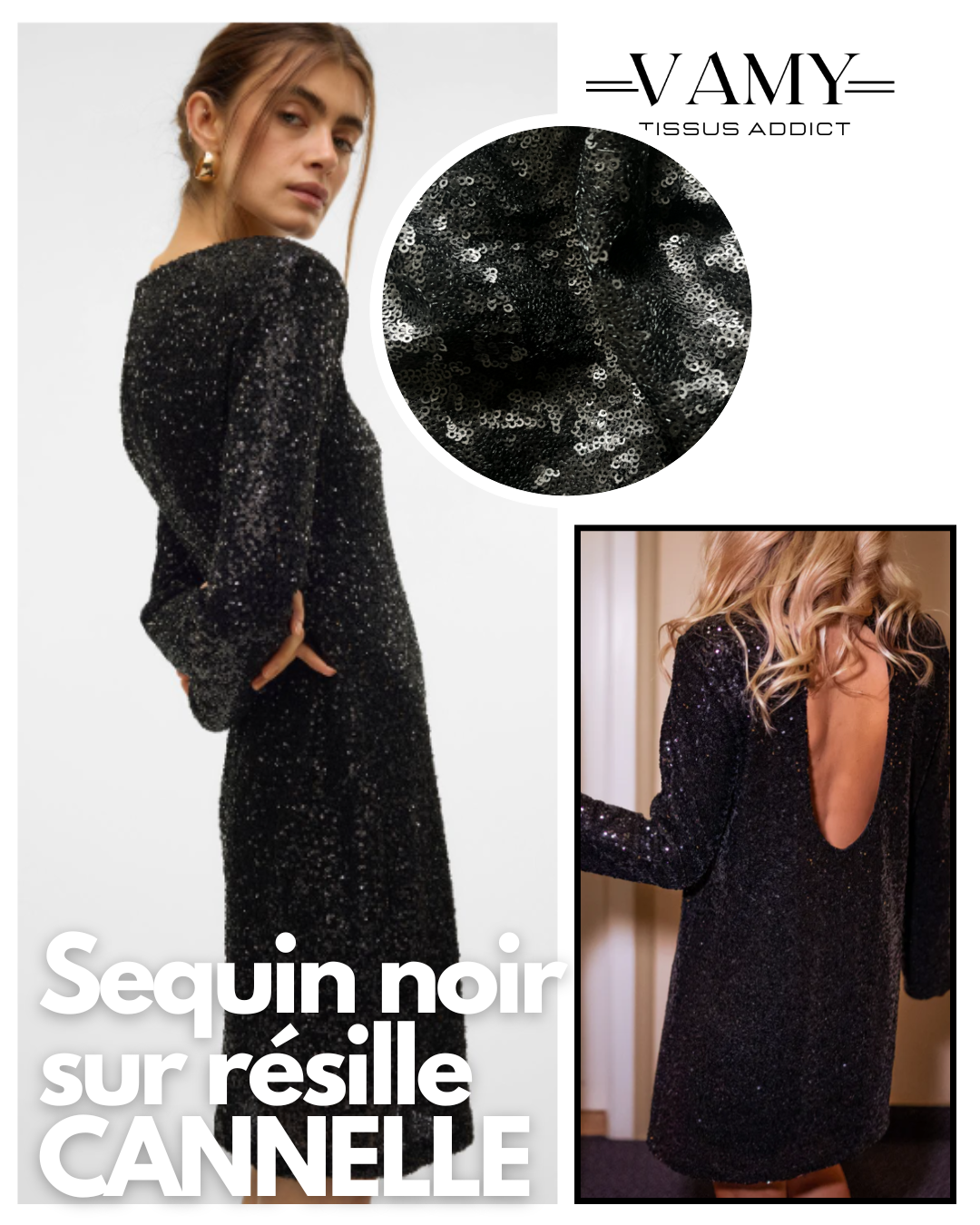 CANNELLE - Sequin noir sur résille